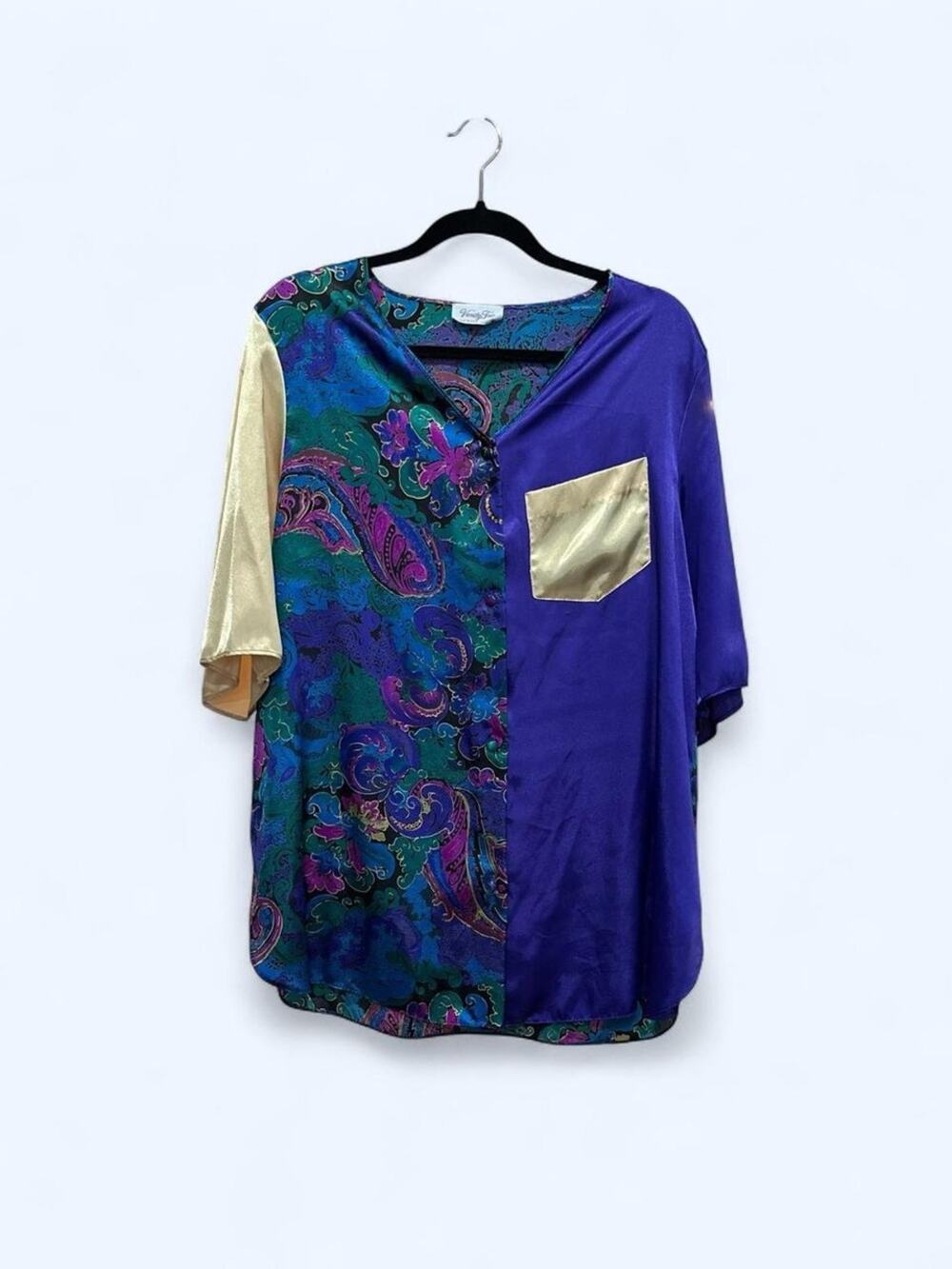 Vintage 70s Vanity Fair Purple Gold Paisley Colorblock V-Neck Sleep Shirt M